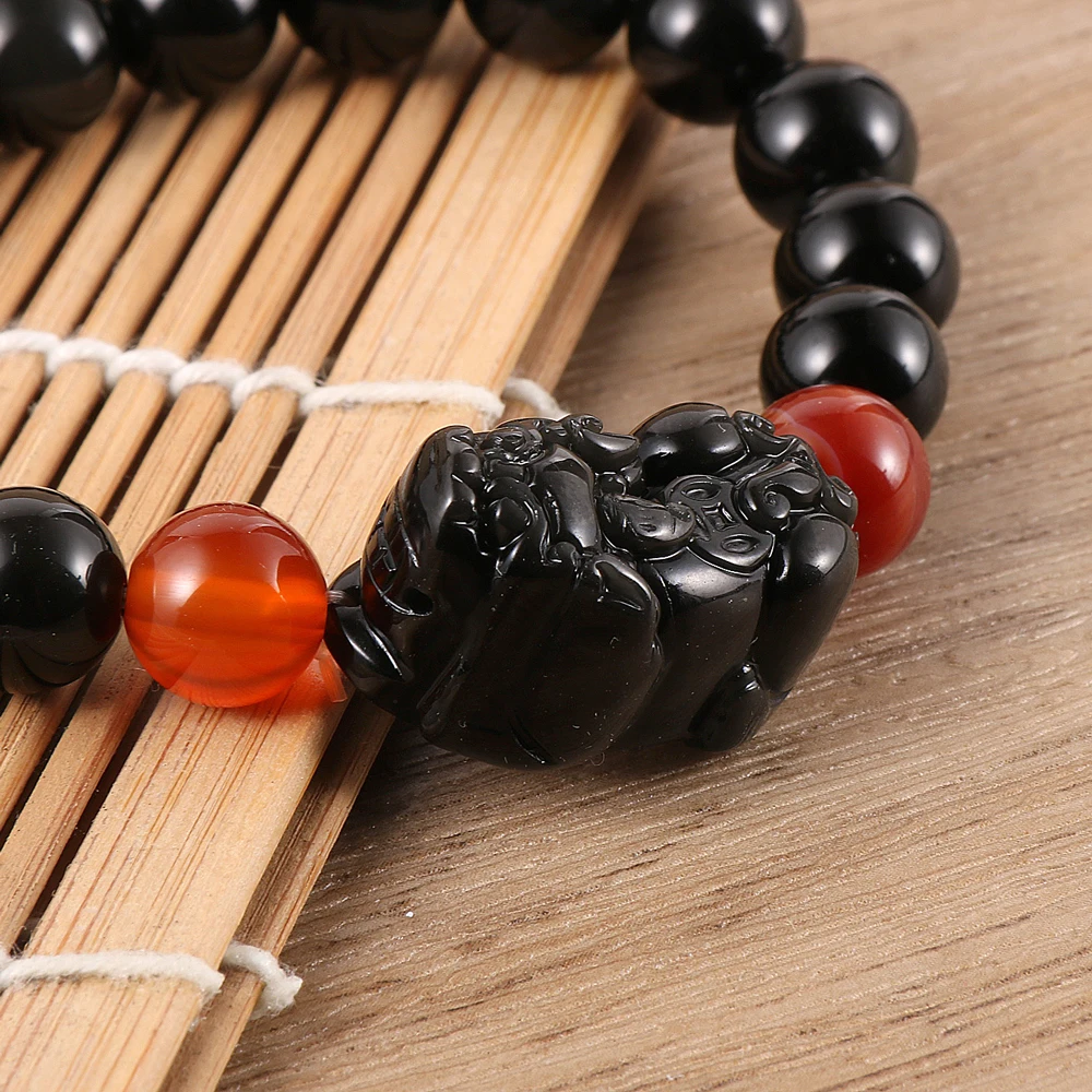Hot Selling PiXiu Natural Obsidian Stone Fengshui Good Lucky and Wealth Men Beads Bracelet For Male Women Jewelry Wristband Gift