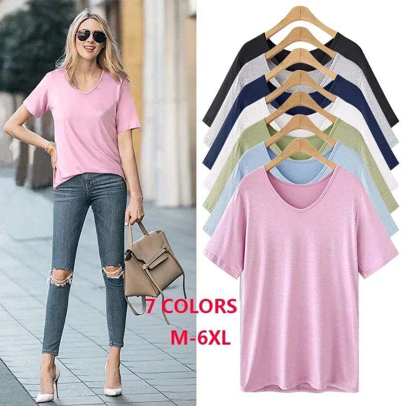 

T Shirt M - 6XL 3XL 4XL 5XL Solid V Neck Model Summer Autumn White Black Pink Short Sleeve Casual Tee Shirts New