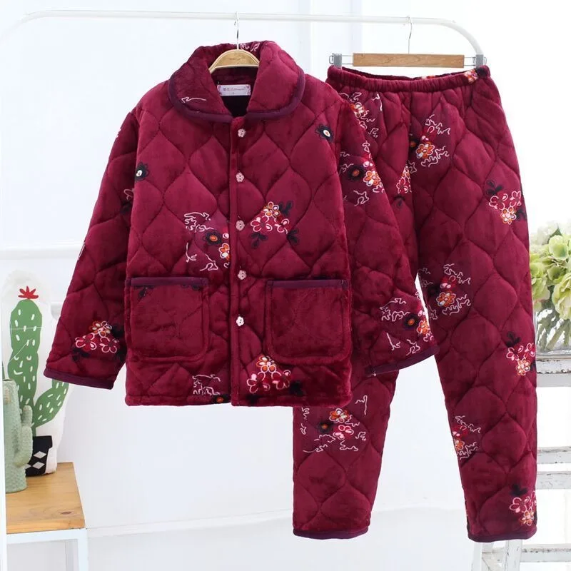 2023 New Autumn Winter Women Pajamas Three Layers of  Thickened Plush Cotton Coral Velvet Flannel Women Household Clothes Suit
