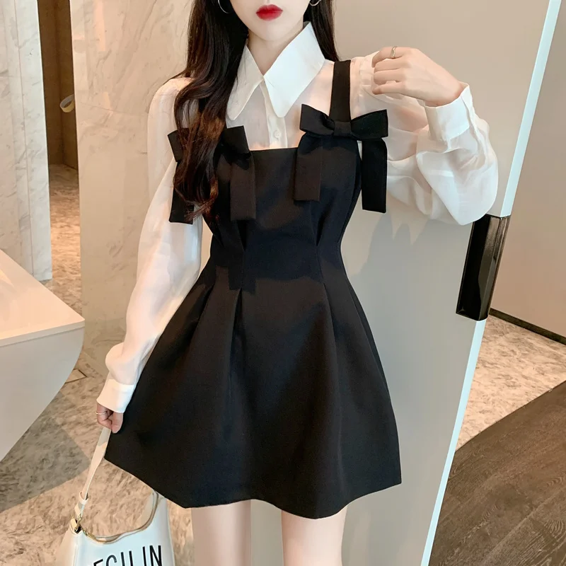 

Lapel White Shirts Women Long Sleeve Blouse Top Vintage Slim Bow Black Tank Dress Mini Fashion Autumn Casual Sets Elegant Sexy