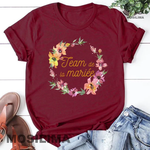 Team Bride Bachelorette Wedding Party Women Evjf Tee Shirt Casual ladies basic O-collar Pink Short Sleeved T-shirt Girl Wine red1
