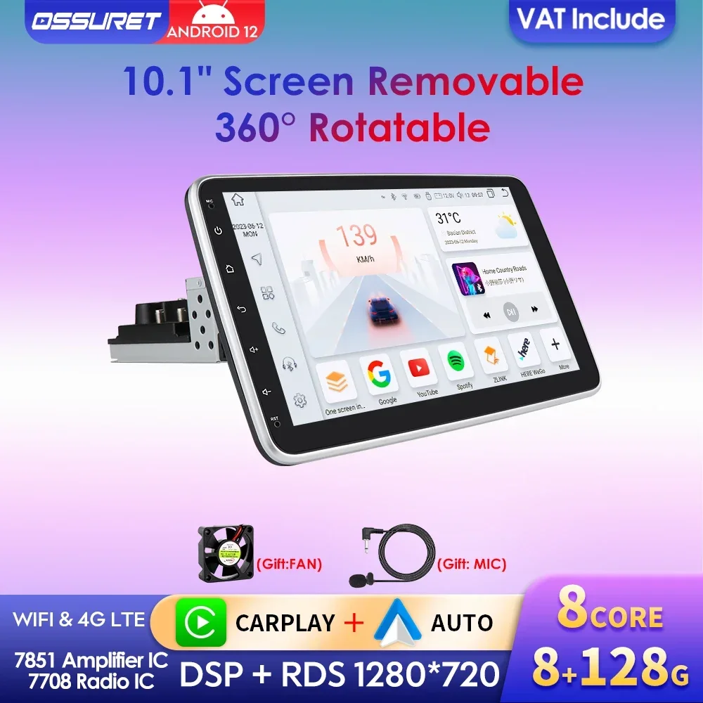 10.1 "Octa Core Autoradio Android 12 Autoradio Universale Lettore Multimediale Schermo Estraibal Stereo Gps Pannello Staccabile Swc 4G