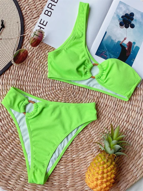 Sexy One Shoulder Bikini 2022 Women Neon Green Black Cut Out Beach Push Up Swimsuit Ring