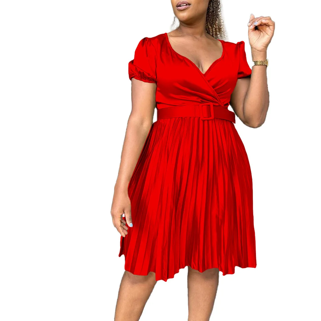 Plus Size Elegant Women Dress Ruffle Solid Belt V Neck Club Outfit Casual Luxury Gown 2023 Summer Evening Party New In Dress