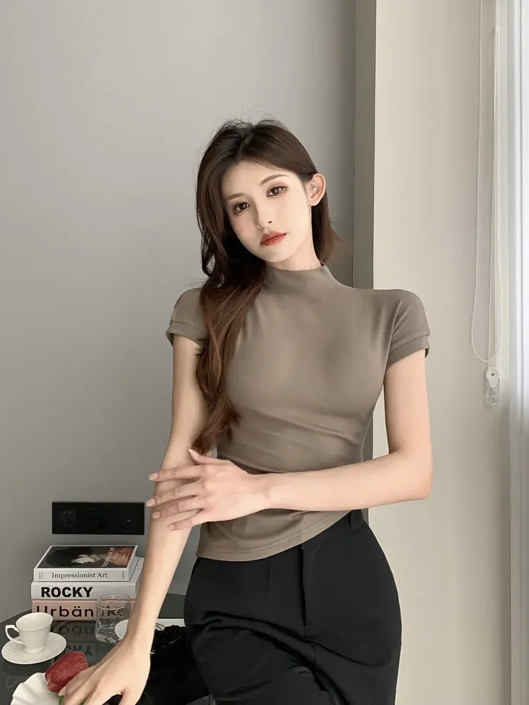 WTEMPO Női Rövid ujjú póló Fél garbó Nyári Trend All-match Top Sexy Slim T-shirt Egyszínű Y2k Top 2023469_voghion.com