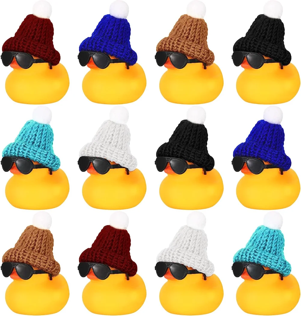 

12 Pcs Mini Rubber Ducks with Sunglasses/ Glasses and Hats/ Necklace, Valentine's Day Rubber Duck in Bulk Bathtub Toy for Kids