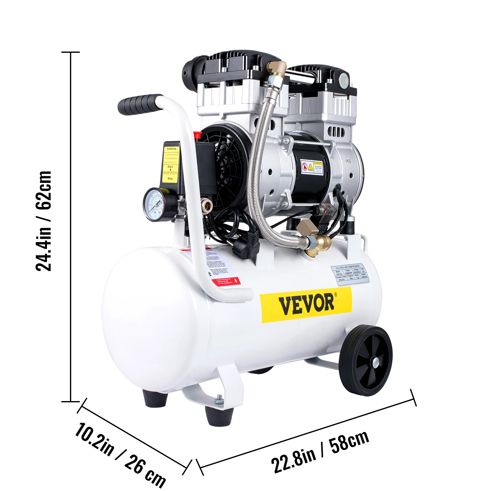 VEVOR Compresseur d'Air 30L Compresseur Silencieux sans Huile 850W  Compresseurs à Air Comprimé Acier Allié 58 dB 1440 tr/min avec 2 Buses à  Gaz pour