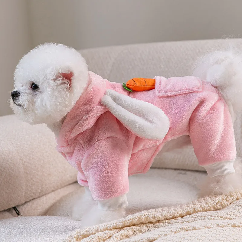 강아지 토끼 귀 당근 후디, 반려동물 네 다리 변신 할로윈 재미있는 플리스 테디, 곰 점프수트보다 따뜻한 옷