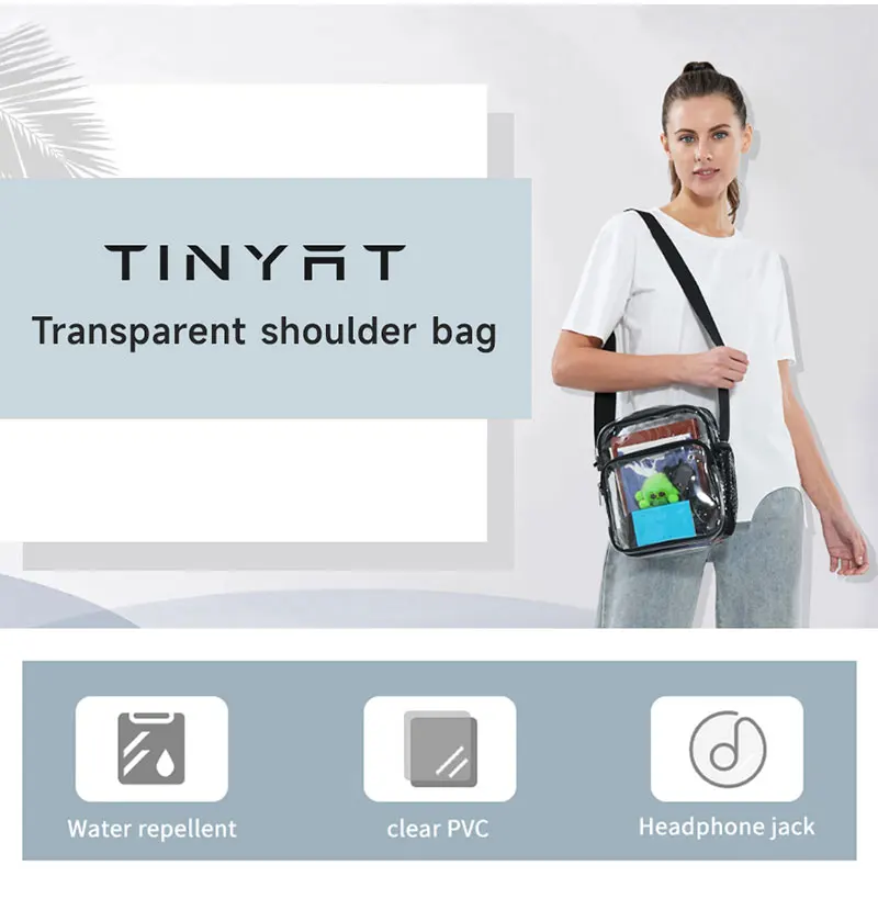TINYAT Leichte, wasserdichte, transparente PVC-Tasche für Damen mit Netzgurt, Kopfhöreranschluss und Regenschirm, für Handys mit 9,7 Zoll iPad