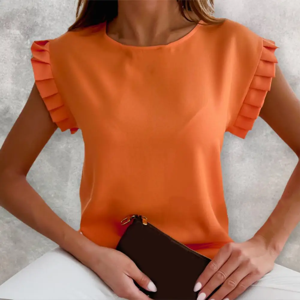 Blusa Oficina Elegante Blusa Mujer Verano 2025 - Manga Corta Con Volantes,  Cuello Redondo Y Plisados, Estilo Casual Ropa Mujer Moda Casual, image size:1001x1001