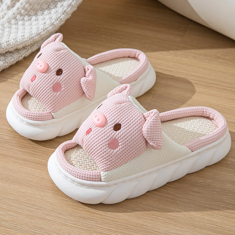 2024 New Pink 3.5cm Fashion Soft Ladies Casual Cute Piggy Pattern Design Comfortable Female Linen Home Slippers