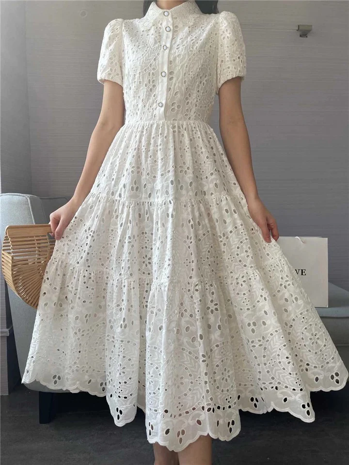 

Summer New Dress Vintage Elegant Women Embroidery Hollow Out Midi Long Dresses Female A Line Vestidos