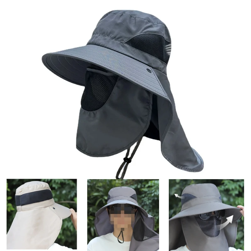 Outdoor Hunting Fishing Cap Breathable Sun Wide Brim UV Protection Fisherman Hat Hiking Fishing Visor Hat with Removable Mask