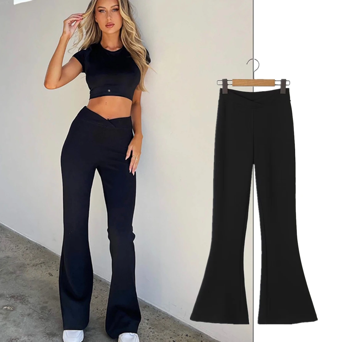 Jenny&Dave High Street Leggings Fashion Blogger V-neck Black Yoga Sports Casual Pants Women