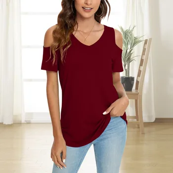 Womens Summer T Shirt Elegant Casual Cute Cold Shoulder Short Sleeve V Neck Top Fashion Loose Plus Size Pullover Sling Tops 2