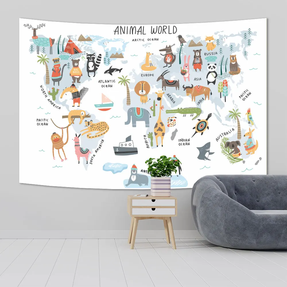 

QdDeco Cartoon Animals Distribution Map Tapestries Cute Hippie Wall Hanging Carpets Children Kawaii Room Home Decorations