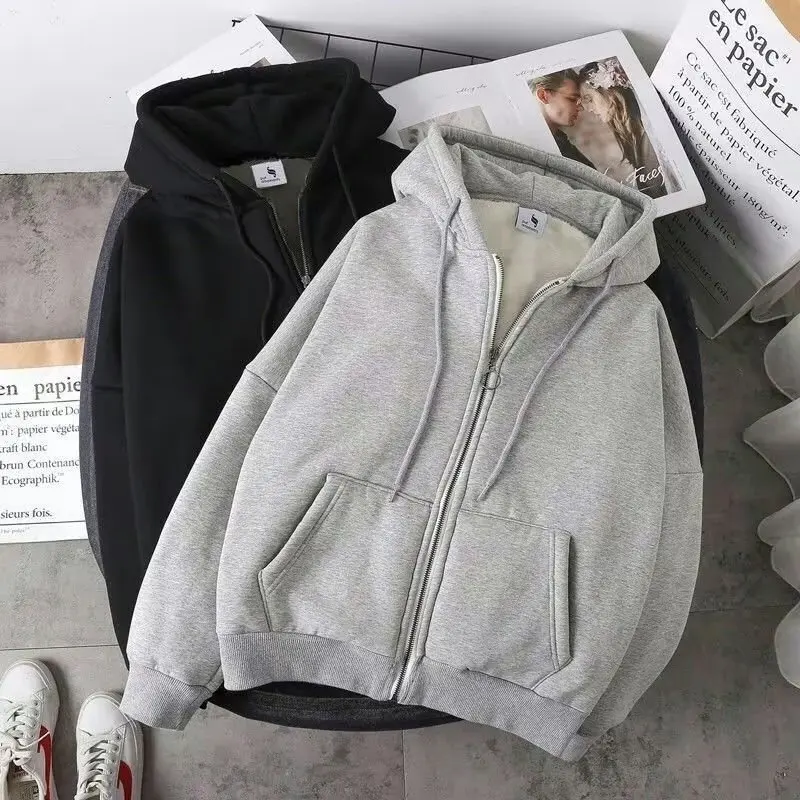 

Men's velvet and thick solid color with loose zipper cardigan hoodie