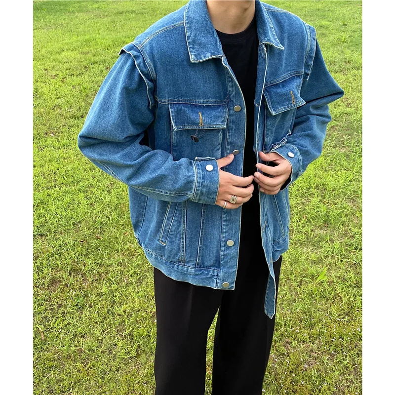 

2022 Men's Korean Style Fashion Trend Cowboy Coats Four Seasons Pocket Decoration Streetwear Denim Jackets Blue Color Outerwear