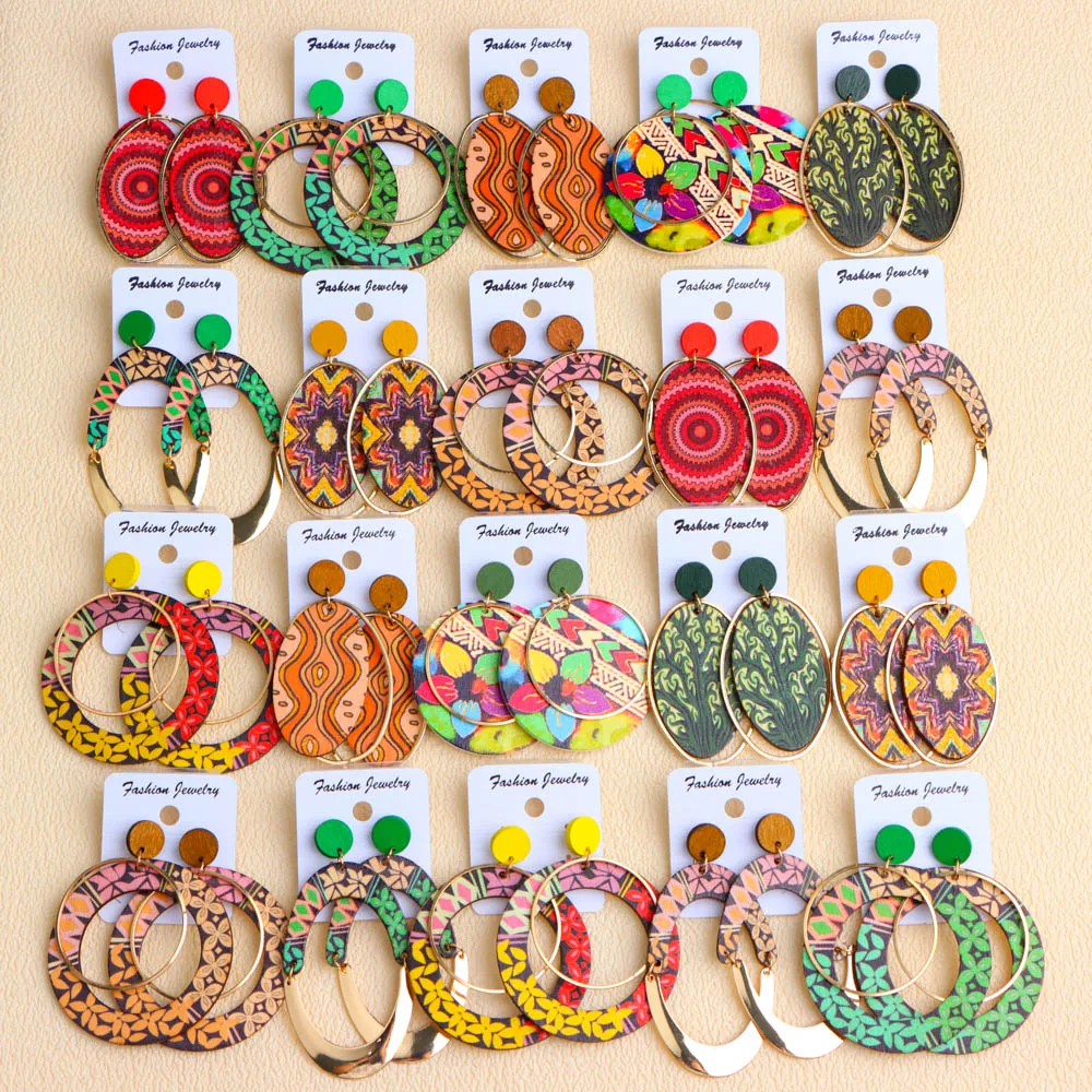 20 Paare/los Tie Dye Bunte Abstrakte frauen Holz Ohrringe Böhmischen Retro Hohl Hängen Ohrringe Täglichen Urlaub Schmuck – Detail 3