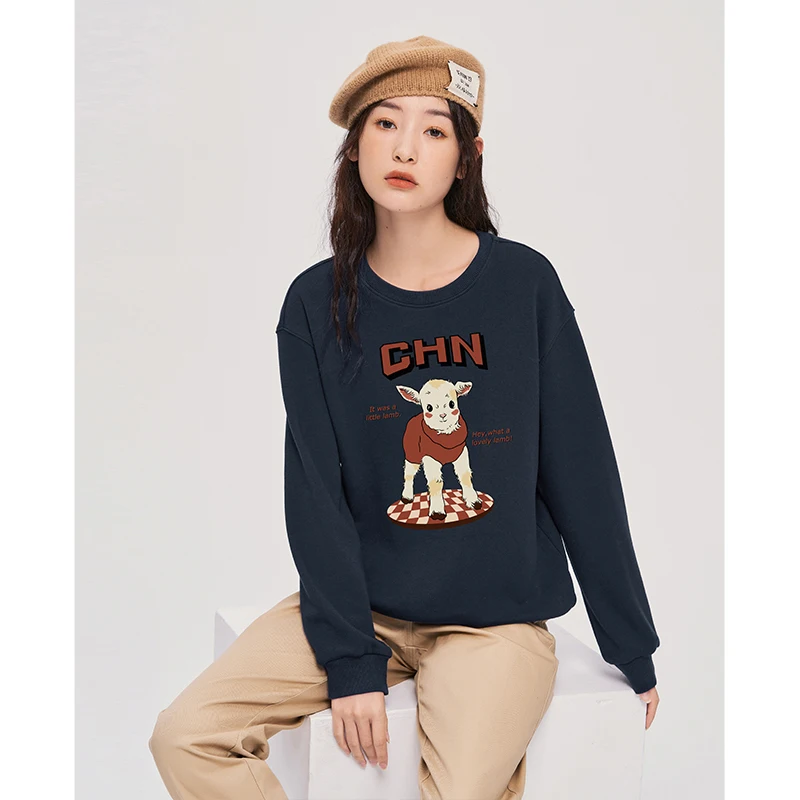 Toyouth Women Fleece Sweatshirt 2022 Winter Long Sleeve O Neck Loose Hoodie Vintage Sheep Print Warm Casual Streetwear Pullover