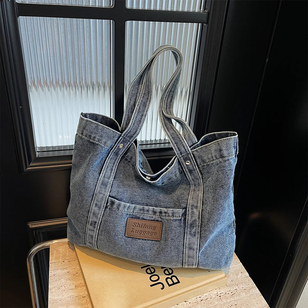 Women Denim Shoulder Bag Casual Underarm Bag Large Capacity Trendy Hobo Bag Hasp Closure Vintage Tote Bag Outdoor Travel Bag