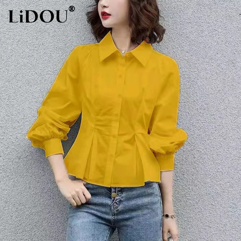 

Spring Autumn Lapel Elegant Fashion Solid Folds Slim Shirt Lady Long Sleeve Buttons All-match Casual Top Women Cardigan Blouse