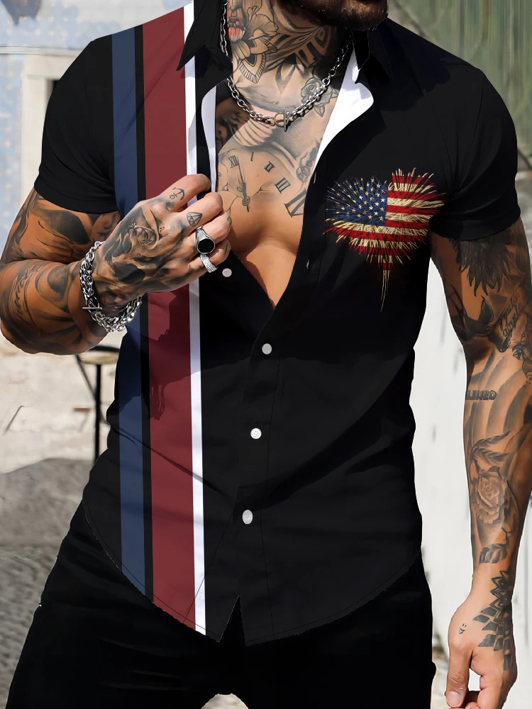 

Летняя популярная мужская рубашка в Европе и Америке, модные и универсальные рубашки с короткими рукавами и отложным воротником с 3D Цифровым принтом