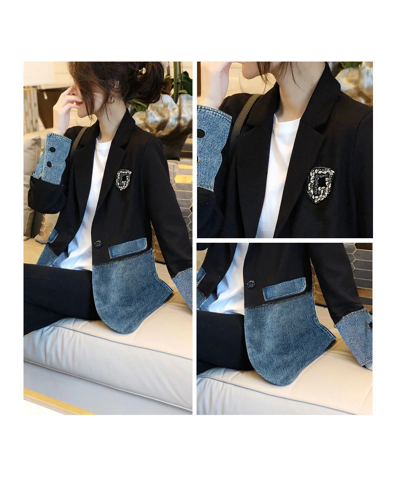 CJFHJE Small Suit Jacket Female Spring Autumn Design Sense Niche New Korean Fashion Denim Irregular Stitching Top Jacket Women