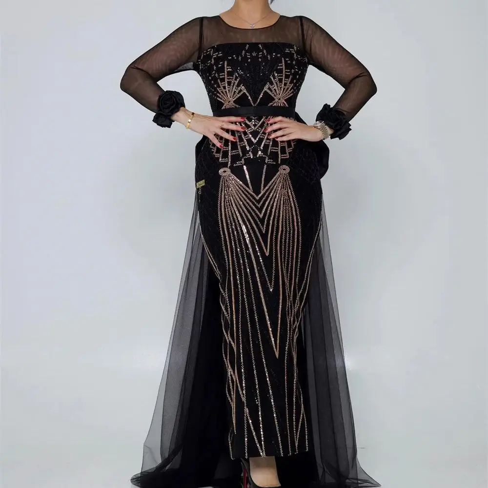 

Luxury Tulle Prom Gown Sheath Crew-Neck Illusion Long Sleeved Applique Lace Floor Length Women's Noble Evening Dresses