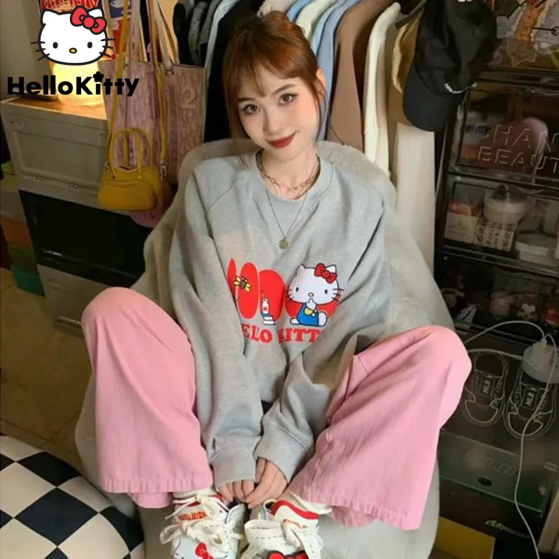 

Sanrio Hello Kitty Cute Loose Round Neck Sweater Spring And Autumn Y2k Women Versatile Sweet Plush Sweater Korean Style Tops