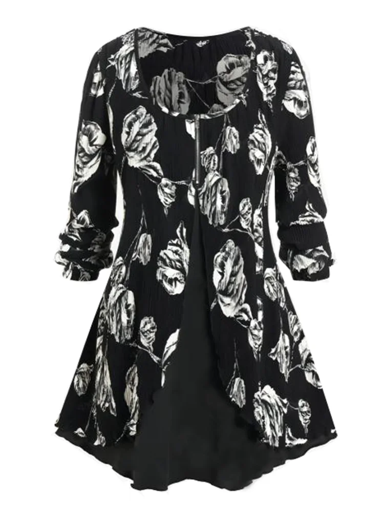 

Fashion Plus Size Women's Dress V-Neck Spring/Autumn Casual Long Sleeved Floral Print Slim Fit Length A-Line Skirt for Women