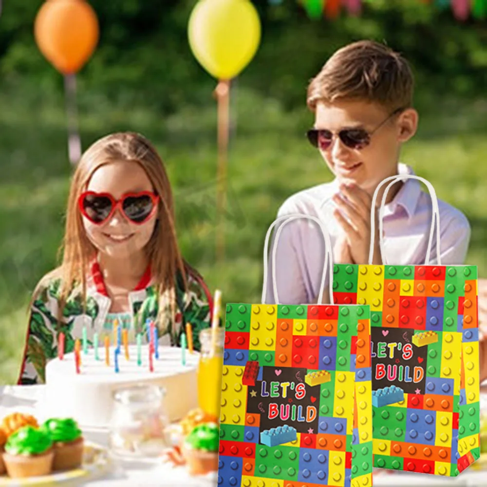 Bausteine Ziegel Party Gefälligkeiten Geschenktüten, Leckerli Papiertüte mit Griff für Jungen Kindergeburtstag, Babyparty-Dekorationen, 20 Stück – Detail 3