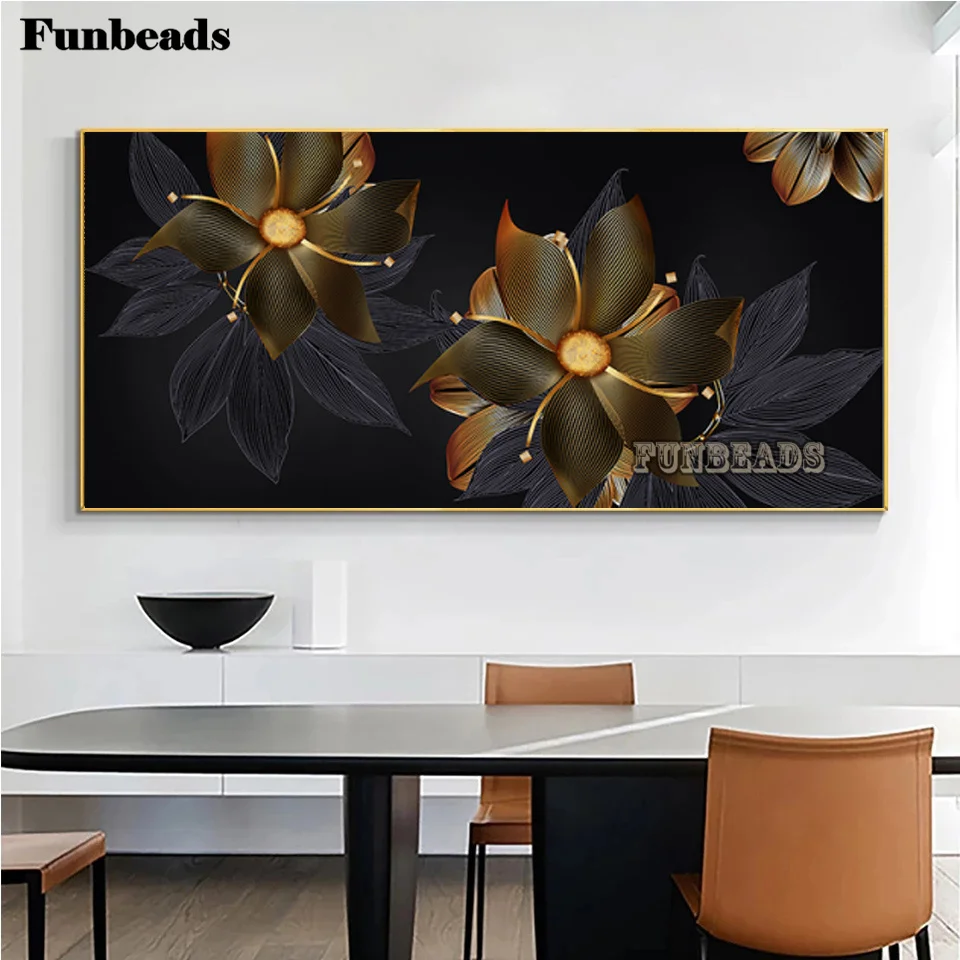 Black Gold Flowers Nordic Modern leaves Diy Diamond Painting Abstract leaf full drill 5D Diamond Embroidery Cross Stitch FF7124 