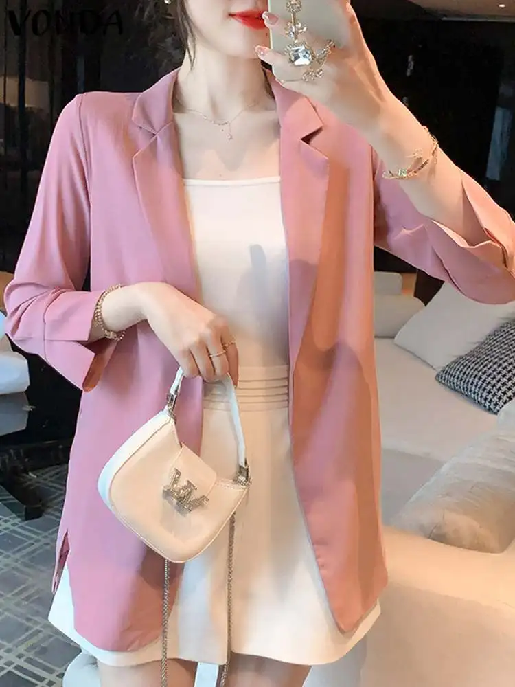 

2023 VONDA Summer Elegant OL Style Office Blazer Women 3/4 Sleeve Solid Color Coat Fashion Casual Suit Collar Streetwear Blazer