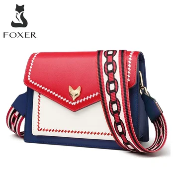 FOXER 브랜드 여성용 메신저 크로스바디 백, 여성용 화려한 패널 플랩 디자이너 숄더백, 패션 분할 가죽 가방