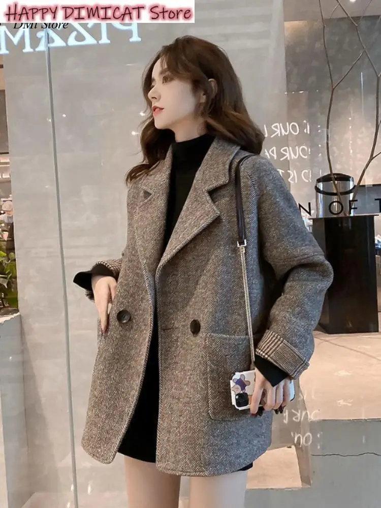 Woolen Jackets Ladies Pockets Double Breasted Casual Short Coats Woman Winter Women's Coats Autumn New Korean Thick Warm