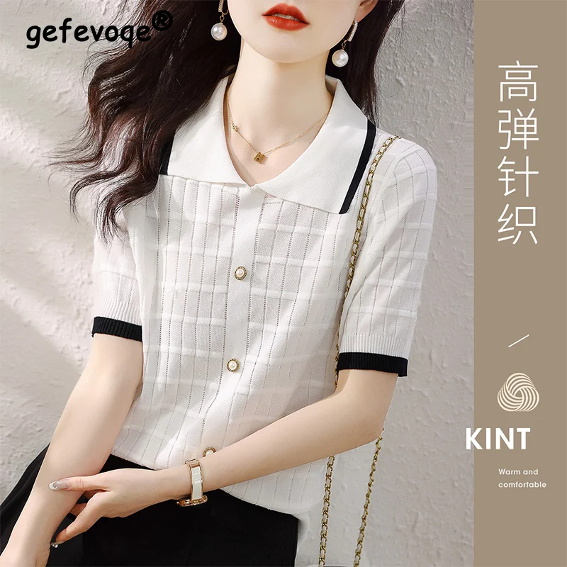 

Summer Polo-neck Hollow Out Casual Fashion Knitting Top Women Short Sleeve Patchwork Buttons Tee Female Buttons Jacquard T-shirt