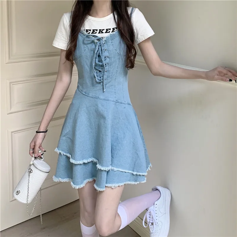 

Vintage Bandage Sharpened Edge Cowboy Women's Dress Design Sense Small Crowd 2023 Summer New Sweet French Slim Slim Sling Dress