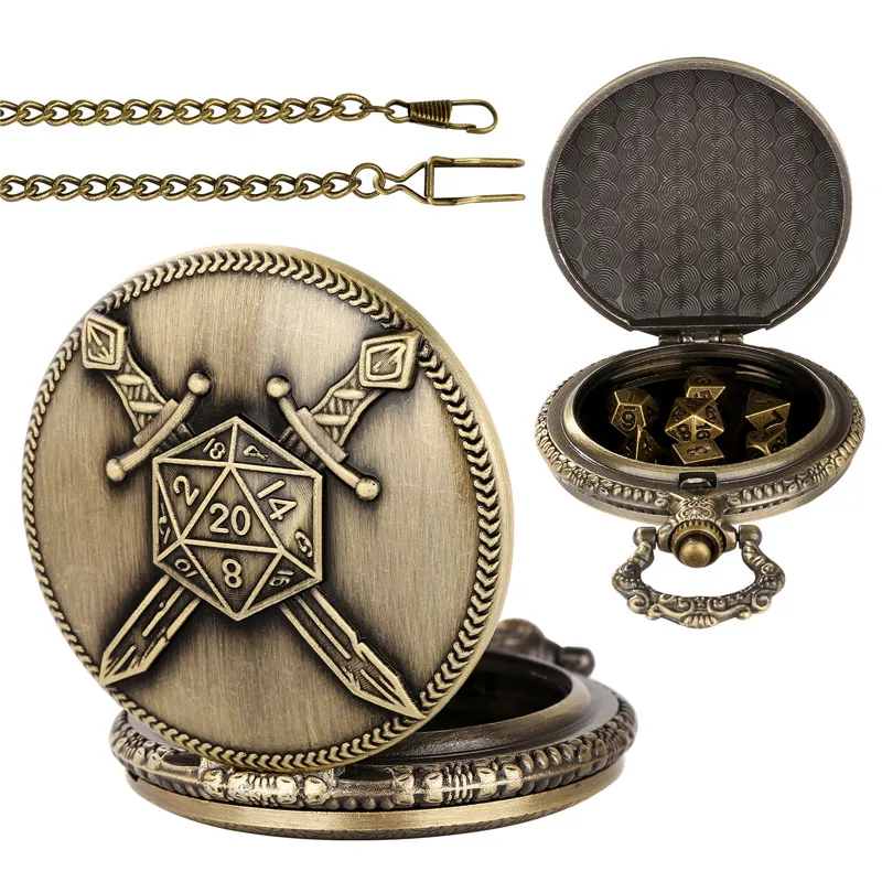 Bronze 7 x kleine polyedrische Würfel mit Double Fighter Swords Taschenuhrengehäuse FOB Chain Rollenspiel Gaming Würfel Set – Detail 3