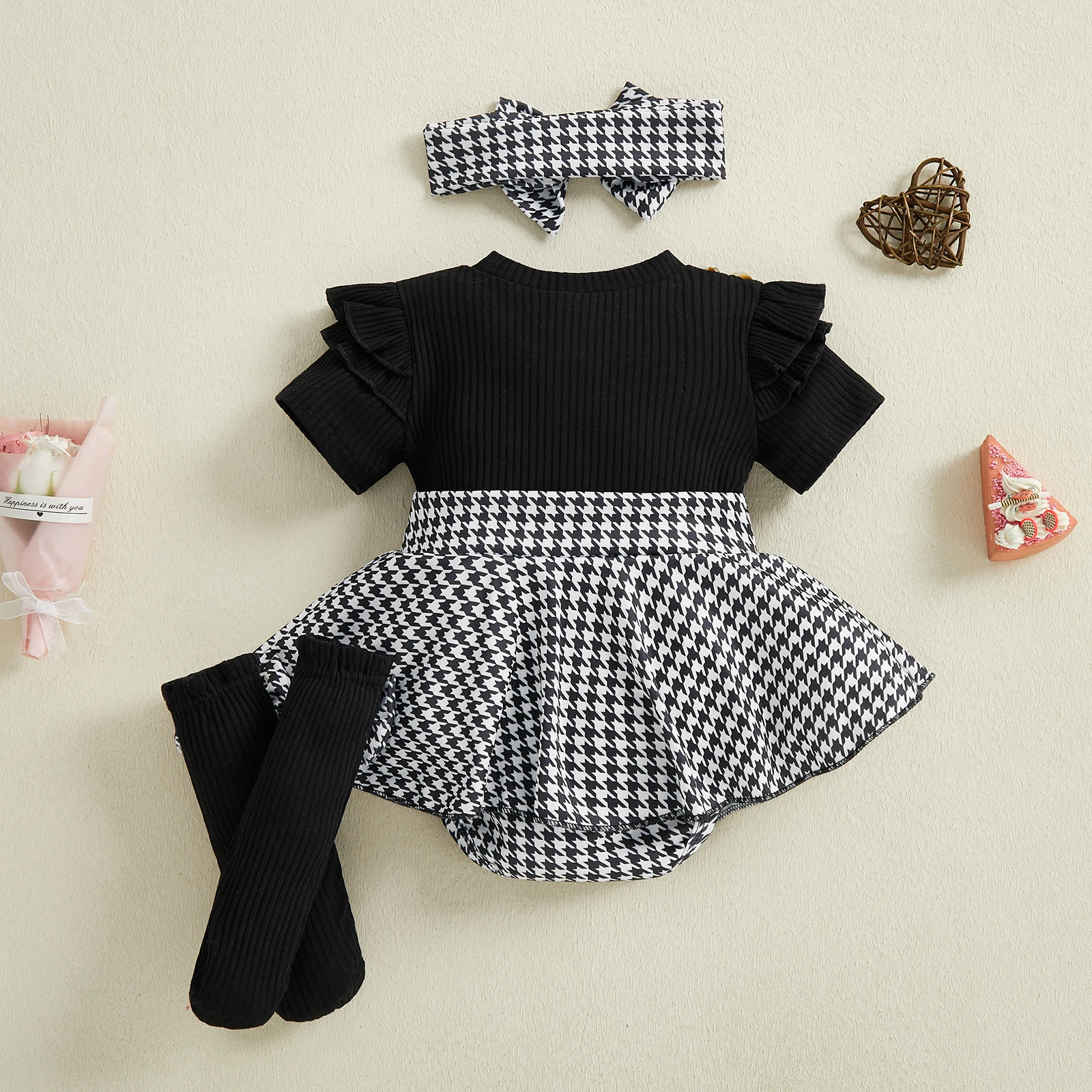 Infant Newborn Baby Girl Spring Outfit Houndstooth Short Sleeve Ribbed Romper Dress Bow Headband and Socks 3 Piece Set 2
