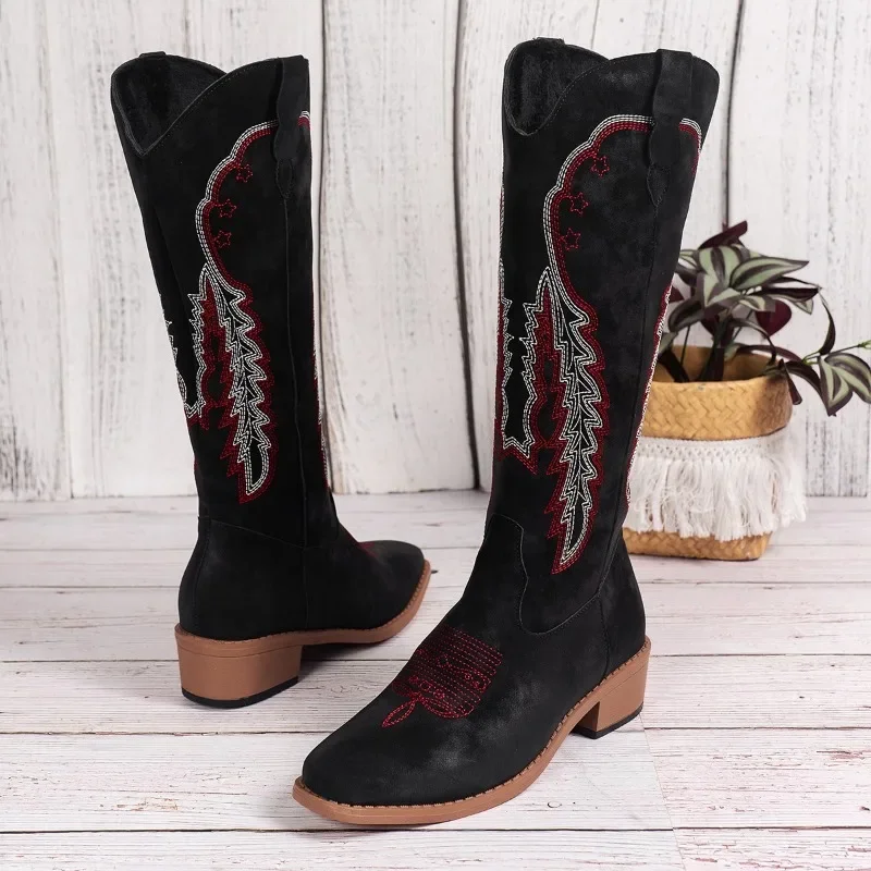 

Women Retro Pointed Toed Western Cowboy Boots 2023 Winter Fashion Warm Knee Long Boots Designer Platform Shoes Zapatos De Mujer