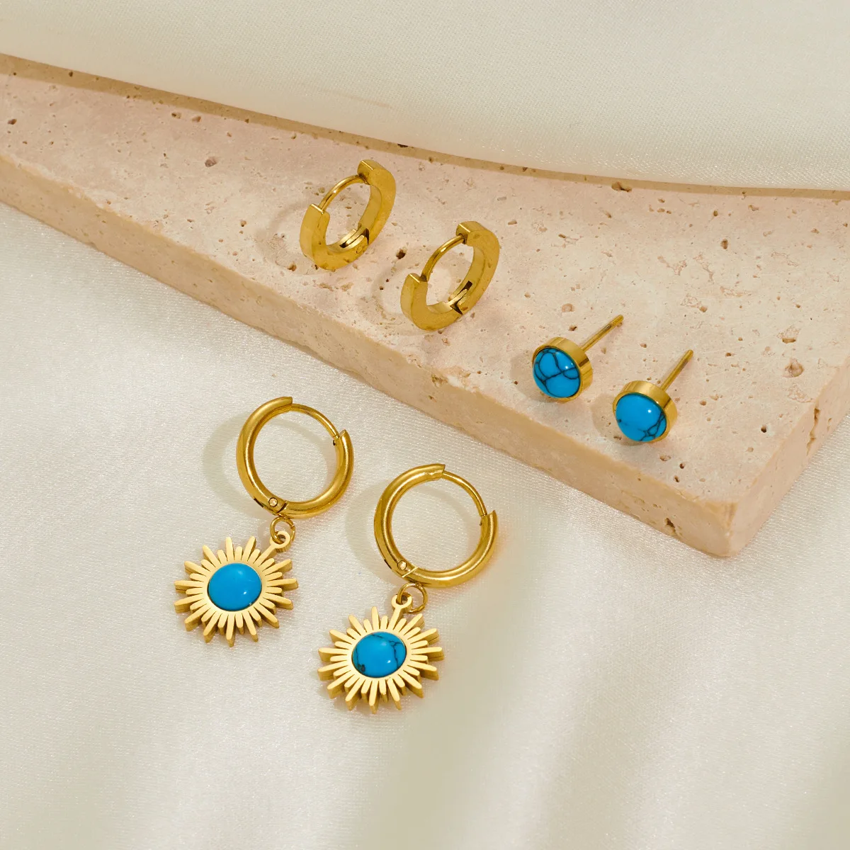 3 set Stainless Steel Blue Stone Hoop Earrings For Women Fashion Anti-rust Ear Jewelry 2