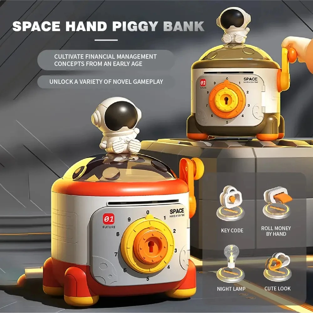 

Money Box Creative Hand Cranked Astronaut Light Large Capacity Automatic Money Roll Piggy Bank Money Safe Password Savings Bank