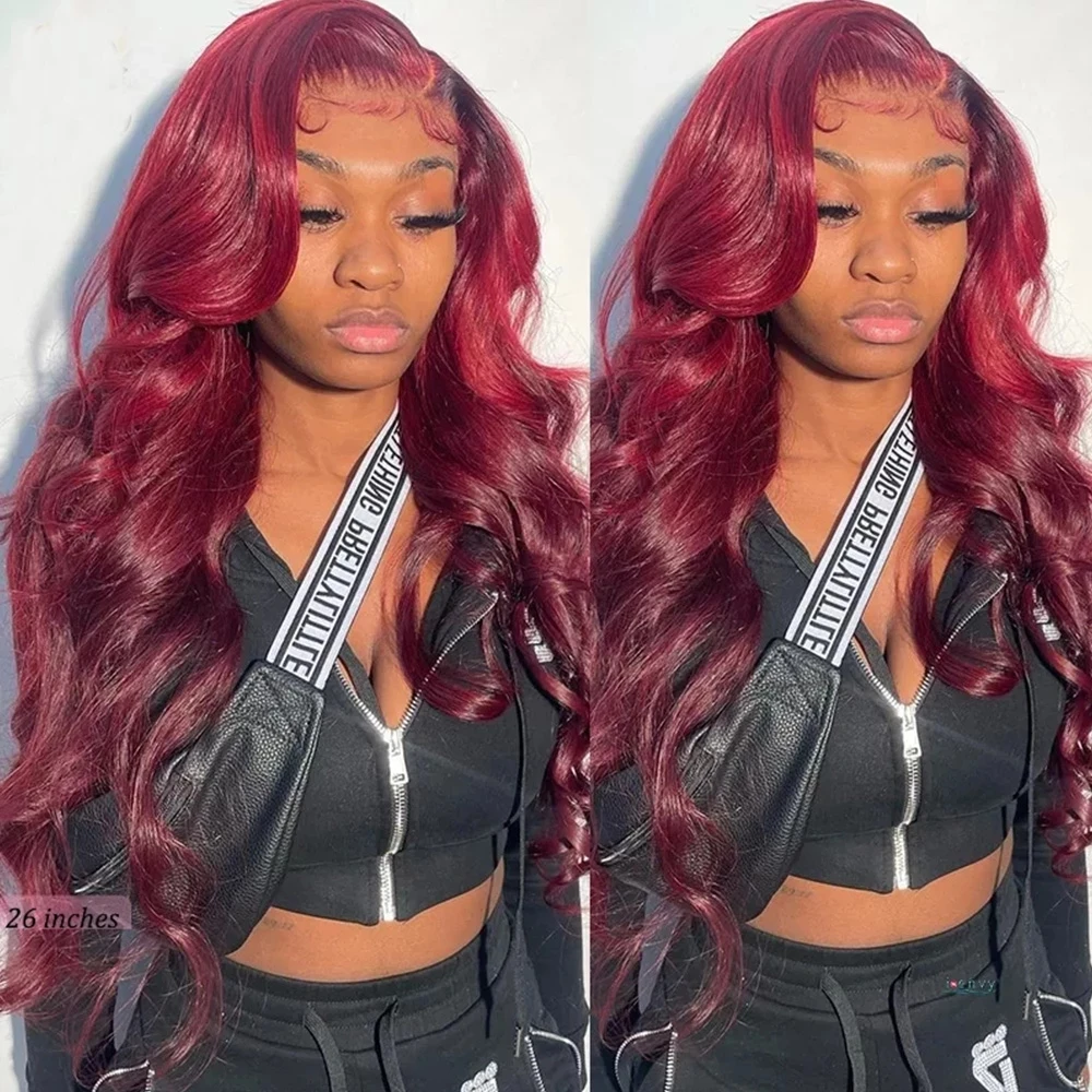 Onda do Corpo Dianteiras do Laço Frente do Laço Perucas de Cabelo Peruca de Cabelo Borgonha Perucas Mulher Transparente Vermelho Quente 13 × 4 Humano Peruano Encaracolado 99j 6 do laço mulher transparente vermelho quente 13