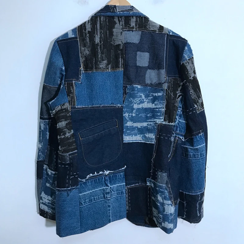 PFHQ Men's Hole Denim Patchwork Wearproof Blazers Tide Creativity Personality Worn Out Vintage Autumn Streetwear Jackets 21Z1387