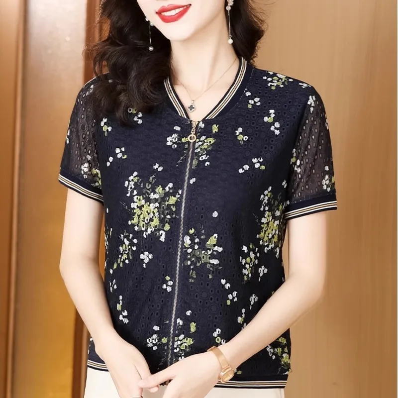 5345 여름 빈티지 자외선 차단 재킷, 지퍼, 슬림, 섹시, 반팔, 메쉬 아우터, 프린트 야구 코트, 숙녀 짧은