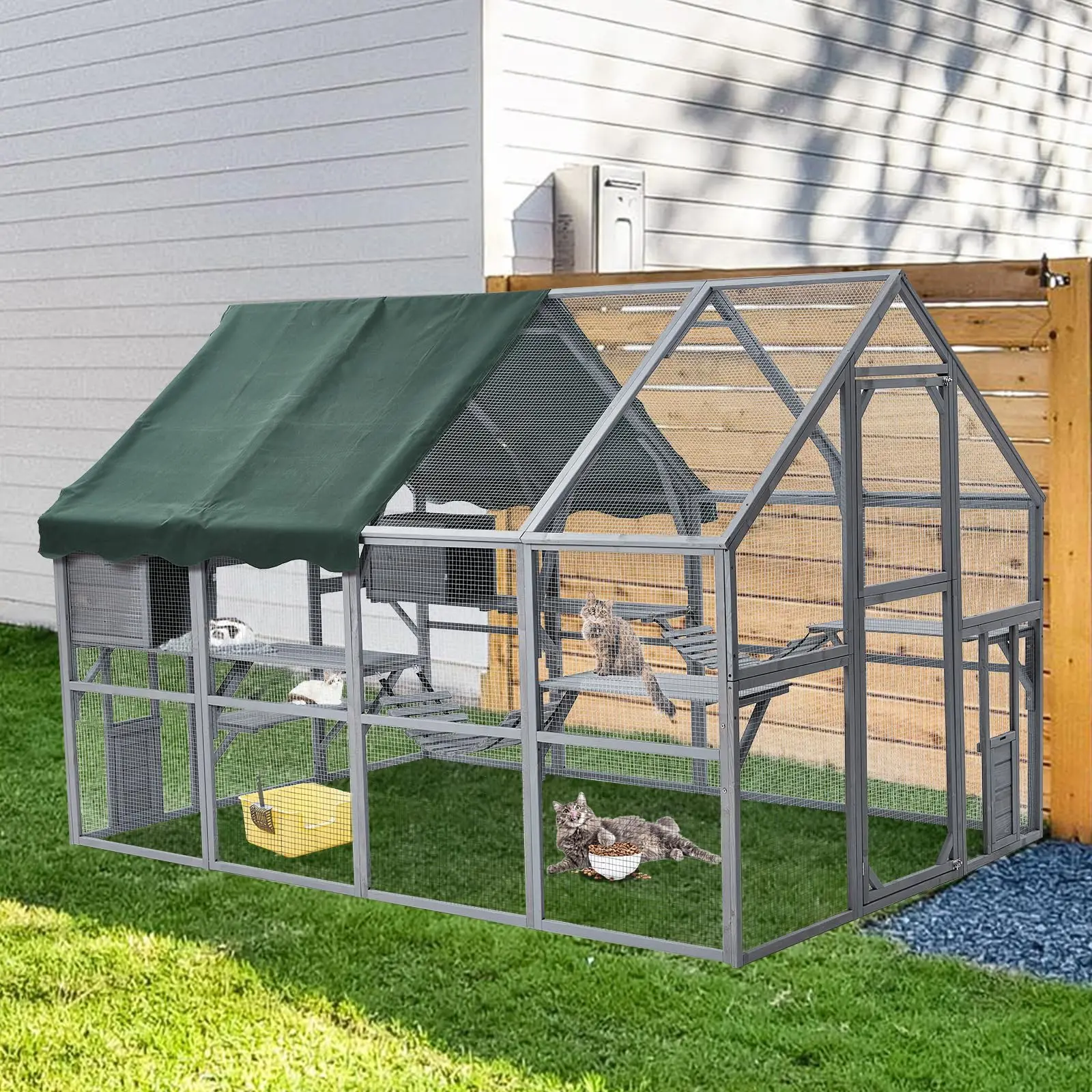 Large Cat Run Large Cat Enclosure Wooden Catio Indoor/Outdoor Kitty House with Bridges Walks Small Houses Roof Cover 110Inch