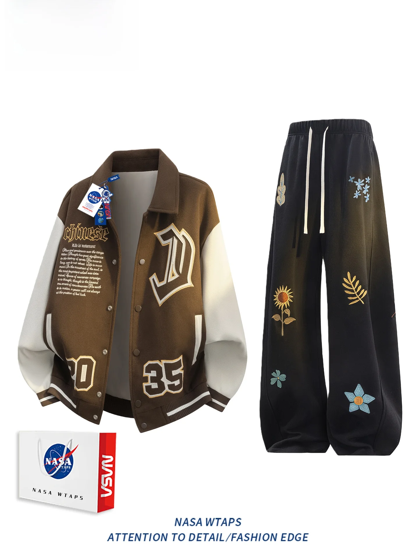 WTAPS 아메리칸 레트로 스타일 야구복 세트 남성용 봄 신상 자수 와이드 레그 팬츠 투피스 세트 캐주얼 스포츠웨어