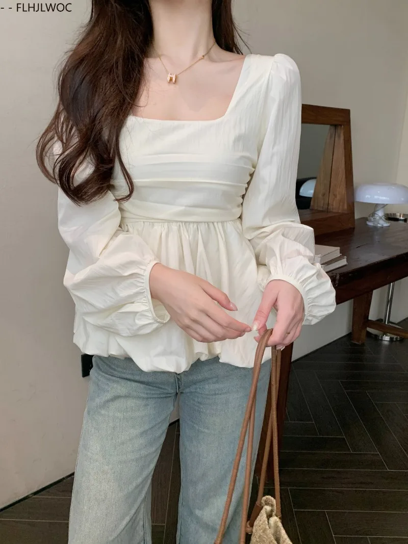 Belly Tunic Peplum Tops Blouses New Design Women Long Sleeve Casual Chic Korea Slim Fitted Black White Basics Shirts