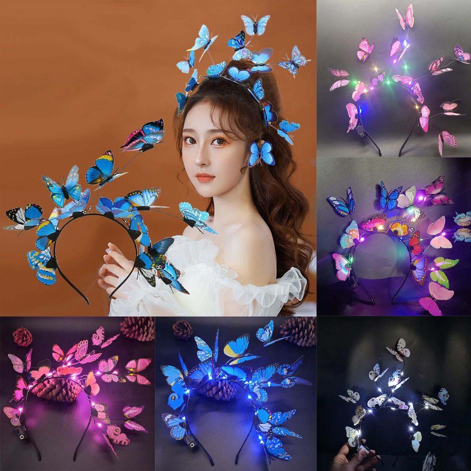 Glowing LED Light Up Butterfly Fascinator Headband Bohemian Hair Band Hoops Colorful Headpiece For Party Wedding Christmas
